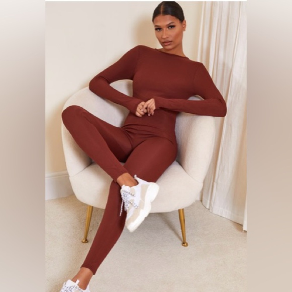 Chocolate Ribbed Long Sleeve Thumb Hole Jumpsuit